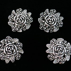 4 Big Beautiful Flower Floral Bouquet Nature Button 1” Very 3D Silver Antiqued Metal