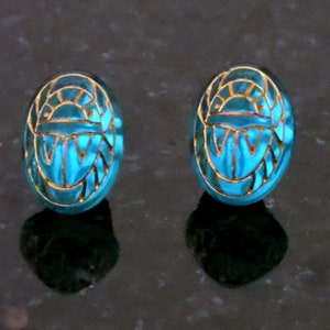 Glass Scarab Earrings Aqua Blue Gold Engravings Scarab Egyptian Post Earrings