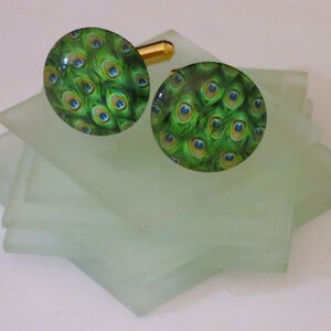Glass Peacock Multi Color Cufflinks Peacock Leaves Green Background Gold Cufflink Findings