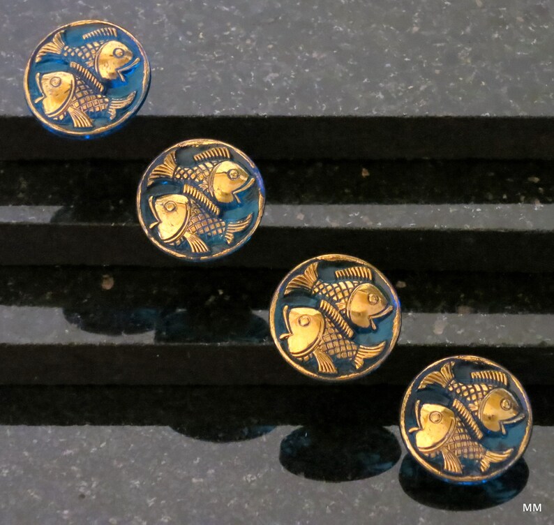 3 Fish Buttons Czech Glass Bright Iridescent Turquoise and Gold Pisces Fish 3 Fish Buttons