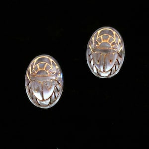 Glass Scarab Earrings Crystal Clear with Gold Engravings Scarab Egyptian Post Earrings