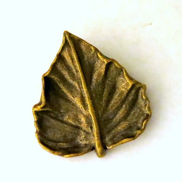 Aspen Leaf Button Antiqued Brass Large 1 3/8" Sculptural Made in France Signed Aspen Leaf Button