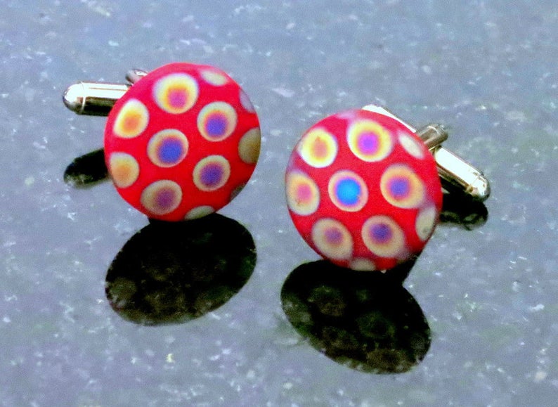 Vintage German Glass Peacock Cufflinks Red Background Multi Color Gold Cufflinks