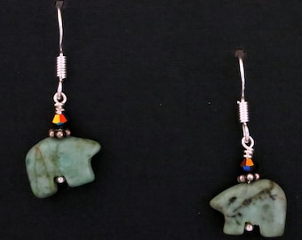 Zuni Bär Fetisch Afrikanischer Türkis Ohrringe Swarovski Kristalle Sterling Ohrhaken