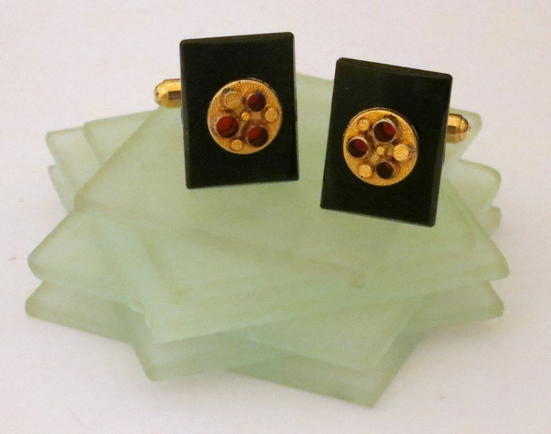 Cufflinks Black Onyx Gemstone with Vintage Glass Gold and Ruby Red Center Cufflinks Raised 3D