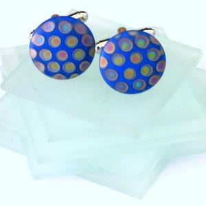 Vintage German Glass Peacock Feather Cufflinks Blue Multi Color Man or Woman Cufflinks 18mm