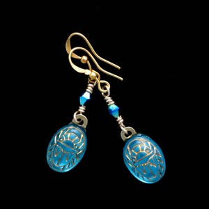 Glass Scarab Earrings Aqua Blue with Gold Engravings Austrian Crystal Beads Drop Dangle Earrings