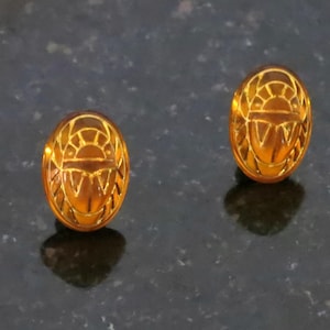 Glass Scarab Earrings Amber Colored with Gold Engravings Scarab Egyptian Post Earrings