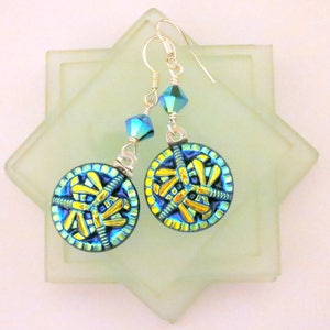 Dragonfly Earrings Electric Turquoise Blue Glass 3 Dragonflies 3D Dangle Drop Earrings Dbl AB Swarovski Crystals Sterling Silver Earwires