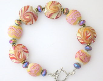 Handmade Bracelet Lampwork Glass Beads .925 Sterling Silver Clasp Gold Foil Hot Pink