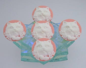 May include: Five white cat head cameo buttons on a pink background. The buttons are arranged in a circle on a clear glass surface.