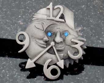 Rare Vintage Sun and Man in Moon Night and Day Rhinestone Silver Pewter American Jewelry and Chain CO