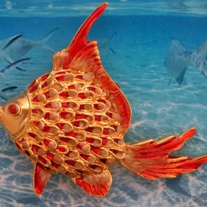 Spectacular Vintage Tropical Fish Brooch Pin Made in US Signed Giovanni Flamboyant Gold and Coral Color