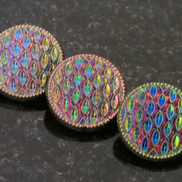 3 Peacock Buttons Iridescent Glass Made in Germany 7/8" Pink, Blue, Gold 3 Buttons