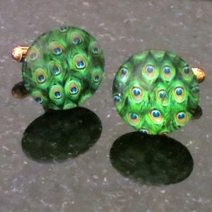 Glass Peacock Multi Color Cufflinks Peacock Leaves Green Background Silver Cufflink Findings