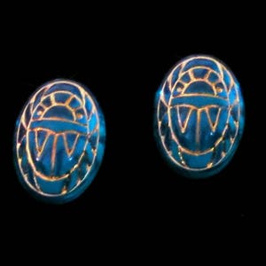 Glass Scarab Earrings Blue Zircon with Gold Engravings Scarab Post Earrings