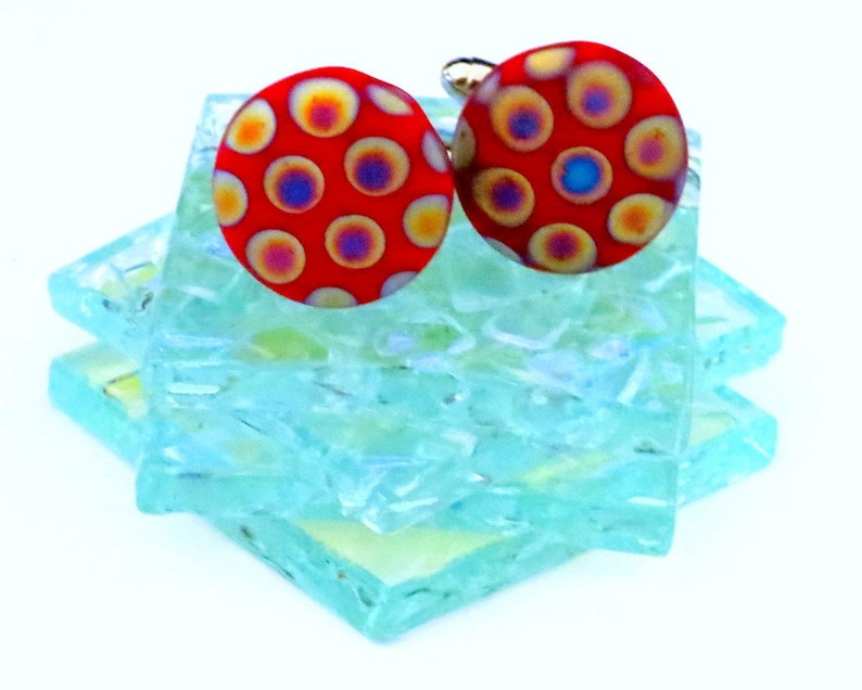 Vintage German Glass Peacock Cufflinks Red Background Multi Color Gold Cufflinks