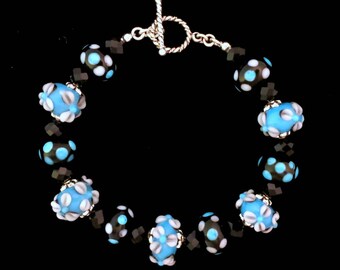Handmade Bracelet Lampwork Raised Floral Glass Beads 925 Sterling Silver Clasp