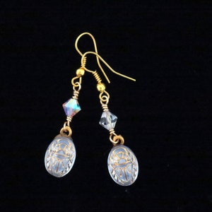 Glass Scarab Earrings Crystal with Austrian Crystal Beads Gold Engravings Drop Earrings
