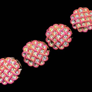 3 Czech Glass Buttons Gold and Hot Pink Raised 3D Basket Weave Design 3/4&quot;