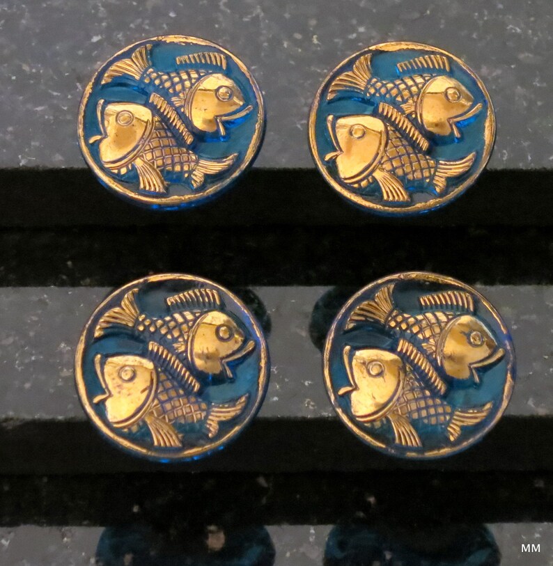 3 Fish Buttons Czech Glass Bright Iridescent Turquoise and Gold Pisces Fish 3 Fish Buttons