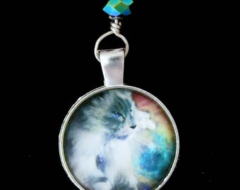 Kitty Cat Key Ring Best Buddy Cats Adorable Glass Picture Set in Silver Metal Jewelry for your Keys Keyring