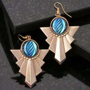 Scarab Earrings Art Deco Vintage Antiqued Brass Geometric Electric Turquoise Blue Cab