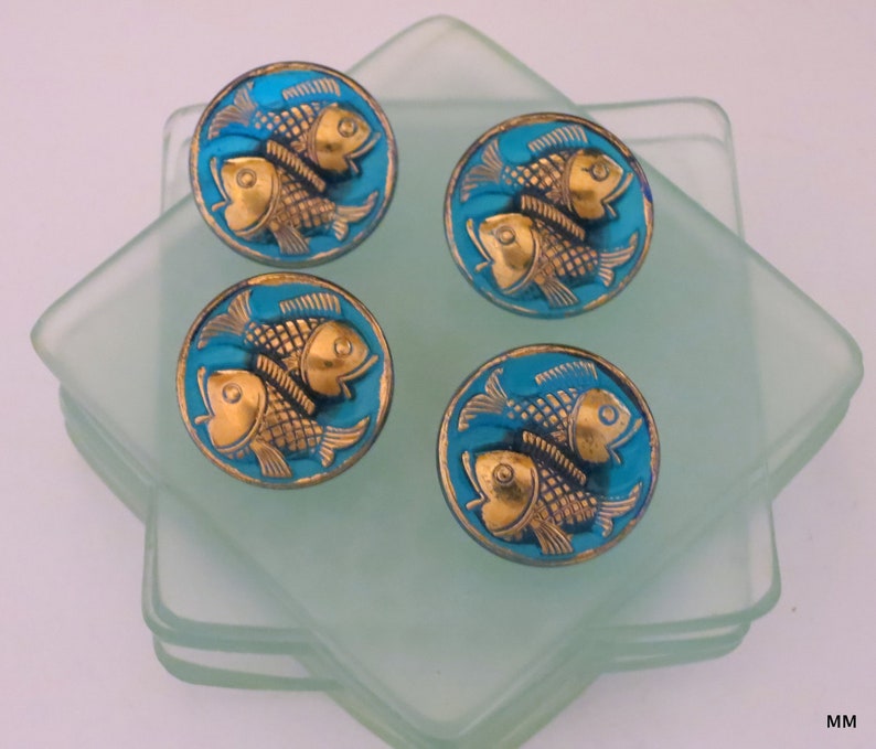 3 Fish Buttons Czech Glass Bright Iridescent Turquoise and Gold Pisces Fish 3 Fish Buttons