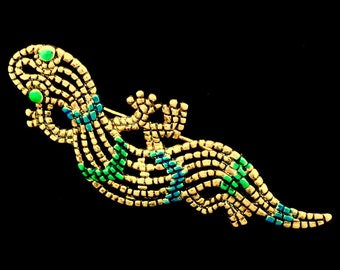 Rare Vintage Southwest Gecko Pin Brooch Jonette Gold Metal and Green Enamel US Signed JJ Jonette Large Gecko Brooch