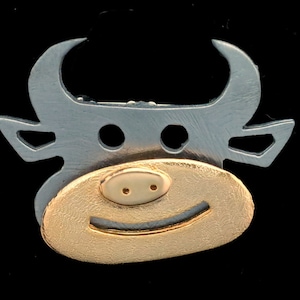 Vintage Cow Brooch Pin Gold and Stainless 2 Part Articulated Movable US Made Signed Ultra Craft