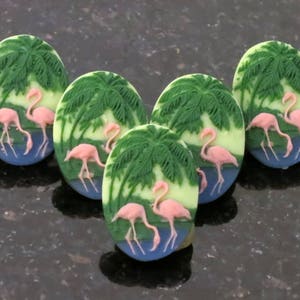 4 Pink Flamingo Buttons 3 Dimensional Pink Flamingo, Green Palm Trees, Blue Water 4 Buttons