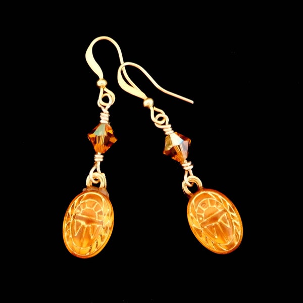 Glass Scarab Earrings Amber with Gold Engravings Austrian Crystal Beads Drop Dangle Earrings