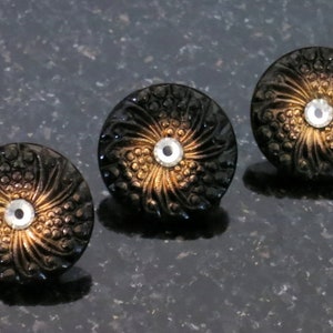 3 Czech Glass Buttons Black and Gold Faceted Austrian Crystal Center Pinwheel Design