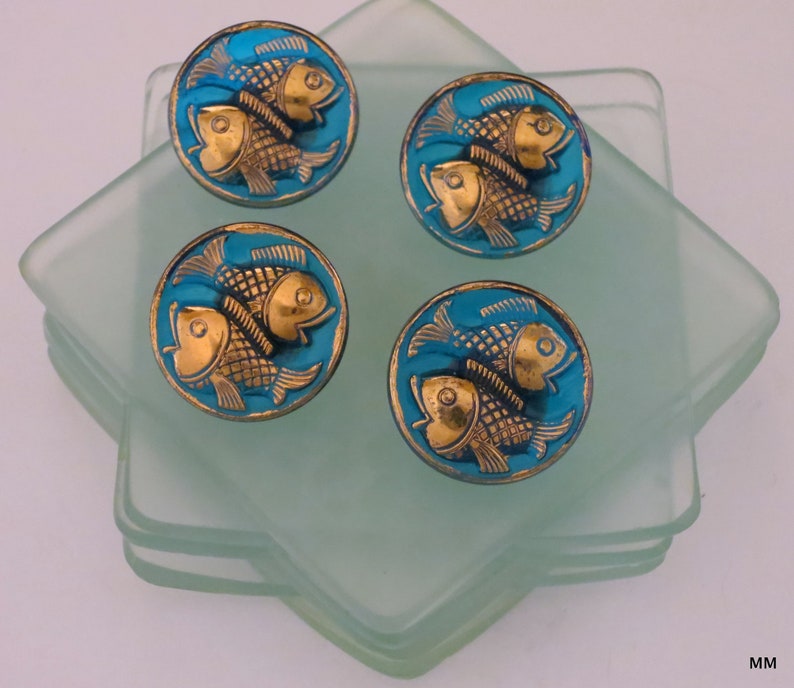 3 Fish Buttons Czech Glass Bright Iridescent Turquoise and Gold Pisces Fish 3 Fish Buttons
