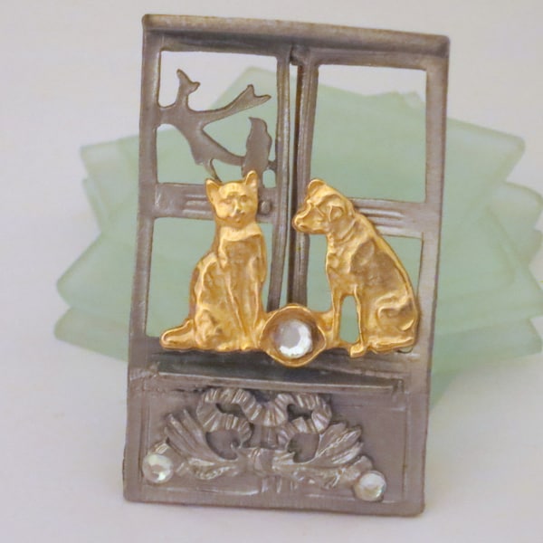 Rare Vintage Pin Brooch Cat, Dog, Bird in a Victorian Window Crystal Ball and Rhinestones Signed Ultra Craft US Made