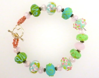 Bracelet Handmade Lampwork Glass Beads Flowers Floral Pinks  display picture 1