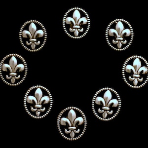 6 botones de metal plateado con diseño de flor de lis, vástago de metal victoriano, botones de plata con escudo de la antigua Roma, renacentistas, medievales