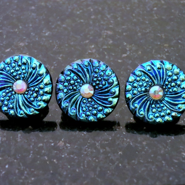 2 Czech Glass Buttons Electric Blue Turquoise Aurora Borealis Austrian Faceted Crystal Center 7/8"