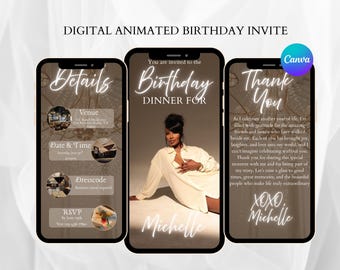 Convite de aniversário animado em Canva | Convite digital para jantar de aniversário | Convite editável para celular