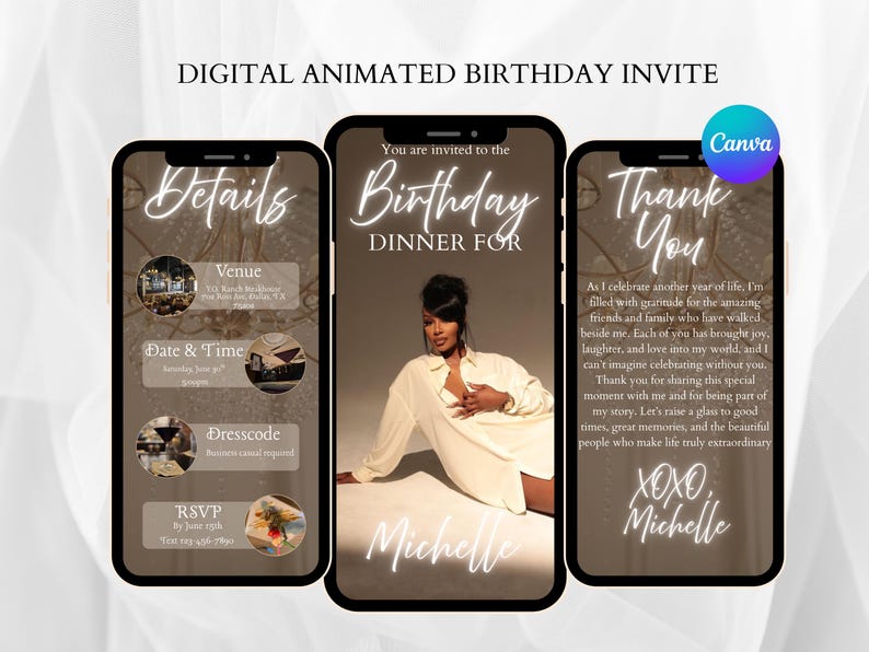 以下が含まれることがあります： 3 つのスマートフォンに表示されるデジタルアニメーション誕生日招待状。招待状には詳細、人物の写真、お礼のメッセージが含まれています。テキストには「Birthday Dinner For Michelle」と「Thank You」が含まれています。