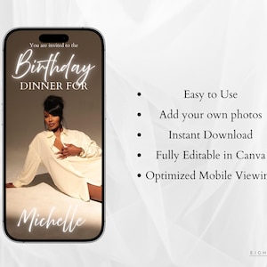 以下が含まれることがあります： スマートフォンには、誕生日の夕食会へのデジタル招待状が表示されています。招待状には、白いシャツを着た人の写真と、エレガントな筆記体で「Birthday Dinner For Michelle」という言葉が使われています。使いやすく、編集も簡単です。