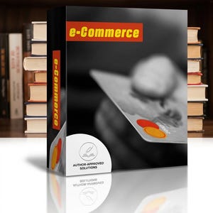 May include: A rectangular product box featuring a black and white image of a credit card. The box has a red horizontal banner with the yellow text e-Commerce and a vertical red strip with the same text. A white circular logo reads Author-Approved Solutions.