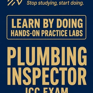 Könnte beinhalten: Ein dunkelblaues rechteckiges Schild mit hellgelbem Text und einem Raketensymbol. Der Text lautet Cert Rocket, Stop studying, start doing, LEARN BY DOING HANDS-ON PRACTICE LABS, PLUMBING INSPECTOR, ICC EXAM und PLUMBING INSPECTOR CERTIFICATION EXAM PREPARATION.