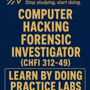 May include: A dark blue rectangular sign with gold text and a rocket icon. The text reads: Cert Rocket, Stop studying, start doing, COMPUTER HACKING FORENSIC INVESTIGATOR (CHFI 312-49), LEARN BY DOING PRACTICE LABS, and HANDS-ON PRACTICE LABS.