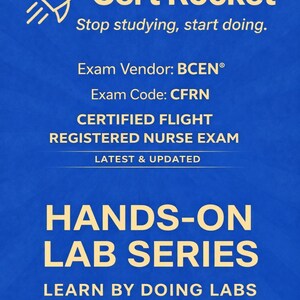 May include: A blue graphic with the words "Cert Rocket" and a rocket ship icon. The text promotes exam preparation for the Certified Flight Registered Nurse Exam, with the exam code CFRN.