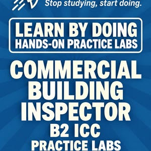 Könnte beinhalten: Eine blaue Werbegrafik für Cert Rocket mit einem weißen Raketensymbol und dem Text: Cert Rocket, Stop studying, start doing, LEARN BY DOING HANDS-ON PRACTICE LABS, COMMERCIAL BUILDING INSPECTOR B2 ICC PRACTICE LABS, EXAM PREP STUDY GUIDE.