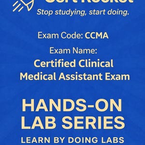 Könnte beinhalten: Blaues Grafikdesign mit dem Text "Cert Rocket" und einem Raketen-Symbol. Der Text enthält "Stop studying, start doing", "Exam Code: CCMA" und "Certified Clinical Medical Assistant Exam".