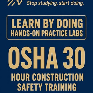 May include: A dark blue informational sign with gold text and a rocket icon. The text reads: Cert Rocket, Stop studying, start doing. LEARN BY DOING HANDS-ON PRACTICE LABS, OSHA 30 HOUR CONSTRUCTION SAFETY TRAINING, OSHA 30-HOUR CERTIFICATION EXAM PREPARATION.