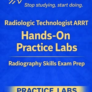Puede incluir: Gráfico azul con el texto "Cert Rocket" y un icono de cohete. La imagen promociona "Radiologic Technologist ARRT Hands-On Practice Labs" y "Radiography Skills Exam Prep."