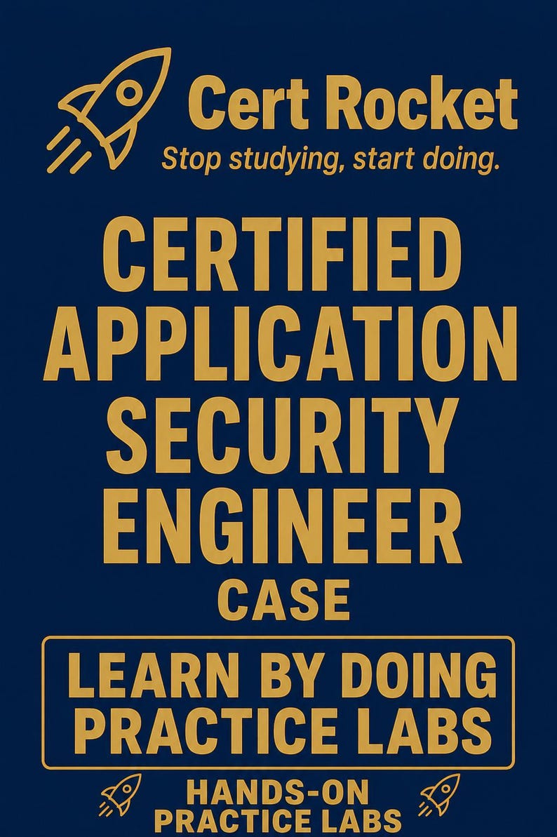 Puede incluir: Un letrero rectangular azul oscuro con texto dorado e iconos de cohetes. El texto dice: Cert Rocket, Stop studying, start doing. CERTIFIED APPLICATION SECURITY ENGINEER CASE, LEARN BY DOING PRACTICE LABS y HANDS-ON PRACTICE LABS.